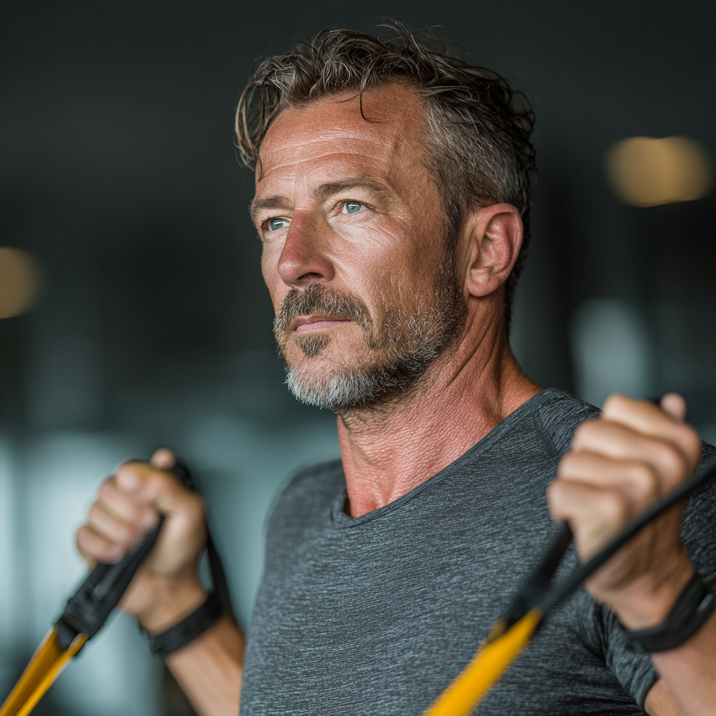 Active man in his early fifties using resistance bands during a functional training session in a modern fitness studio, demonstrating proper form and technique, wearing athletic clothing, with focused expression and visible strength